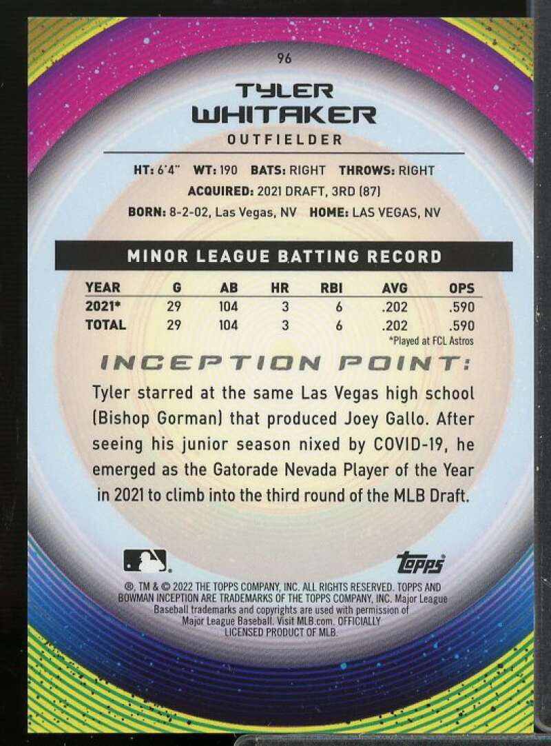 Tyler Whitaker Rookie Card 2022 Bowman Inception Fuchsia #96  Image 2