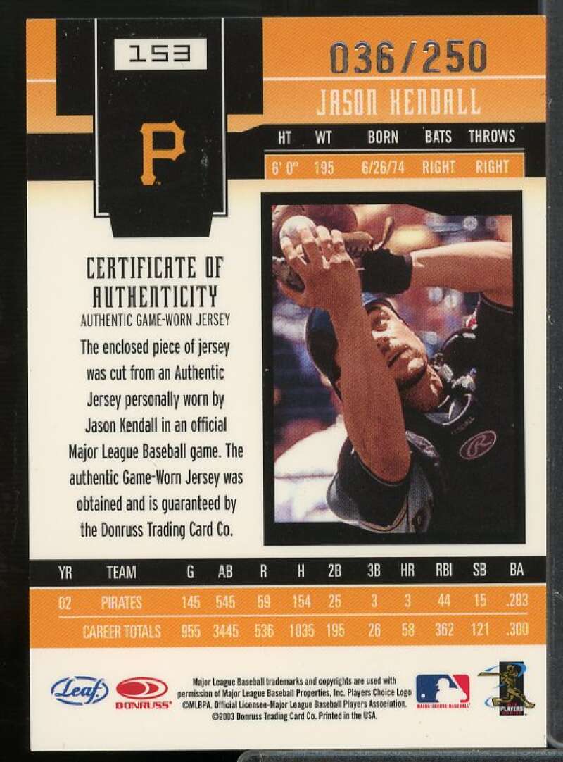 Jason Kendall Jsy Card 2003 Leaf Certified Materials Mirror Red Materials #153  Image 2