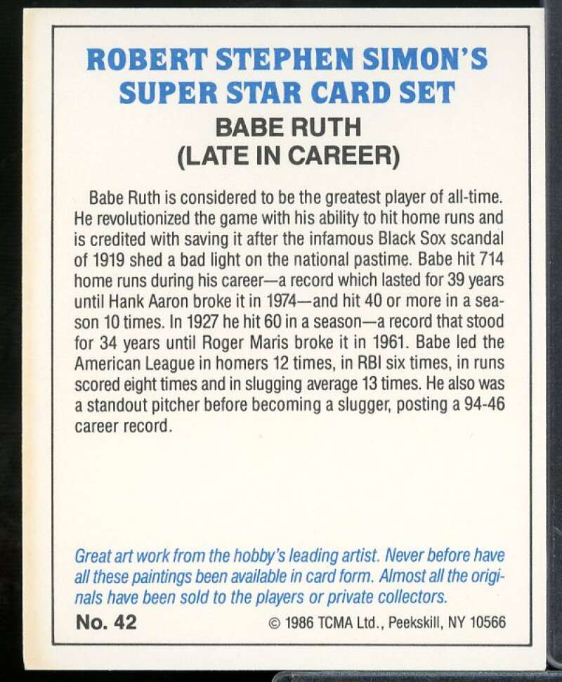 Babe Ruth Card 1986 TCMA Superstars Simon #42  Image 2