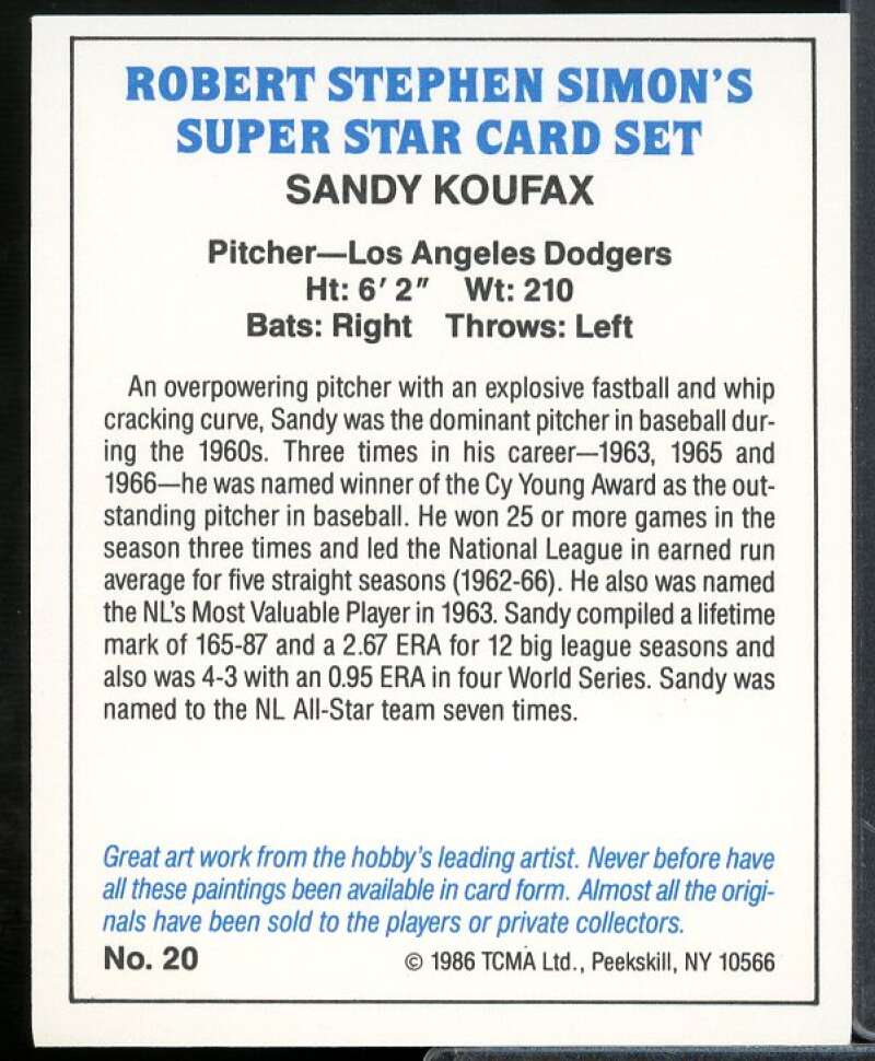 Sandy Koufax Card 1986 TCMA Superstars Simon #20  Image 2