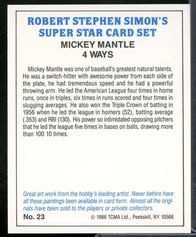 Mickey Mantle Card 1986 TCMA Superstars Simon #23  Image 2