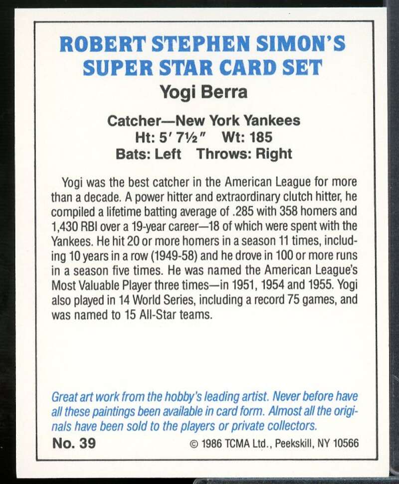 Yogi Berra Card 1986 TCMA Superstars Simon #39  Image 2