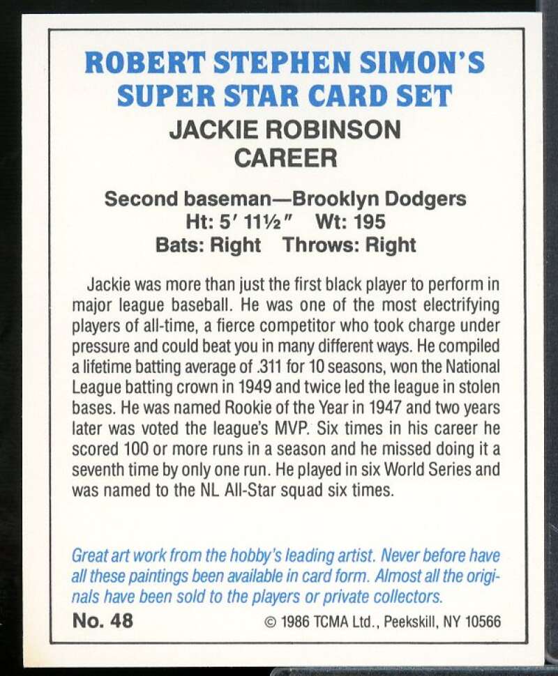 Jackie Robinson Card 1986 TCMA Superstars Simon #48  Image 2