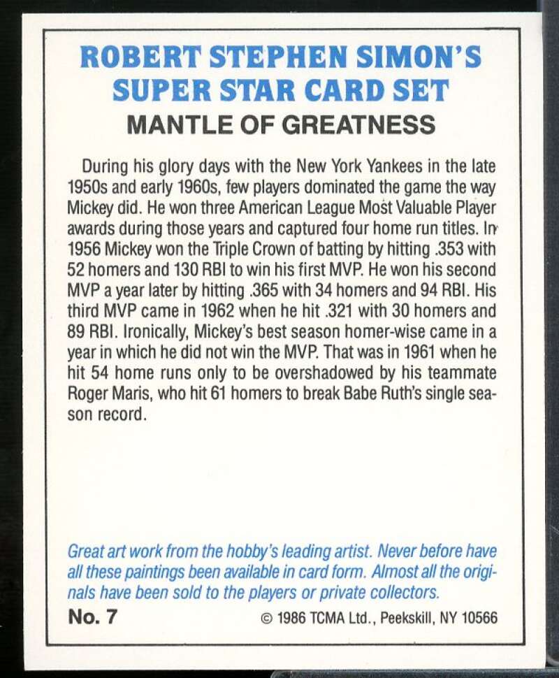 Mickey Mantle Card 1986 TCMA Superstars Simon #7  Image 2