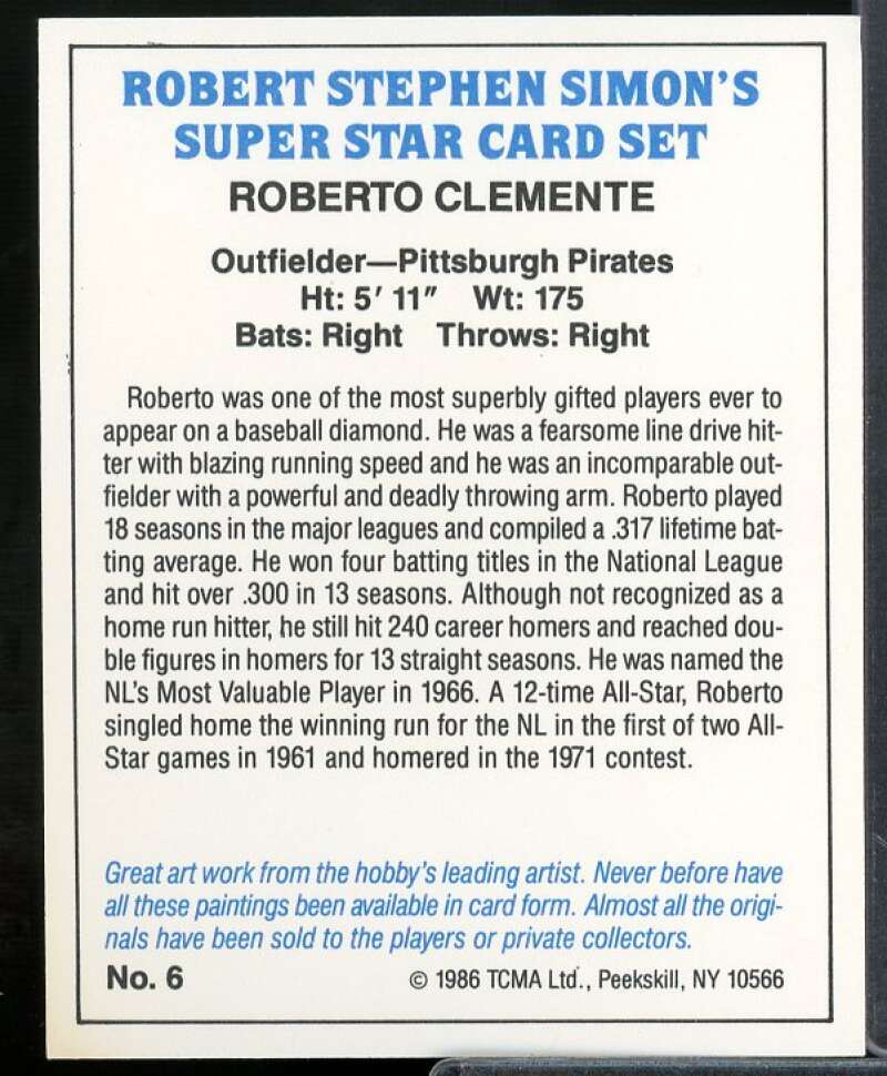 Roberto Clemente Card 1986 TCMA Superstars Simon #6  Image 2