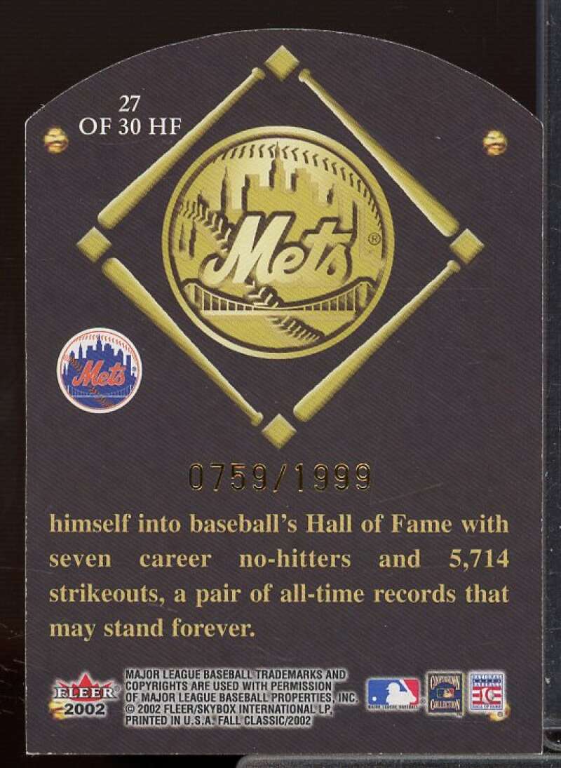 Nolan Ryan Card 2002 Fleer Fall Classics HOF Plaque #27  Image 2