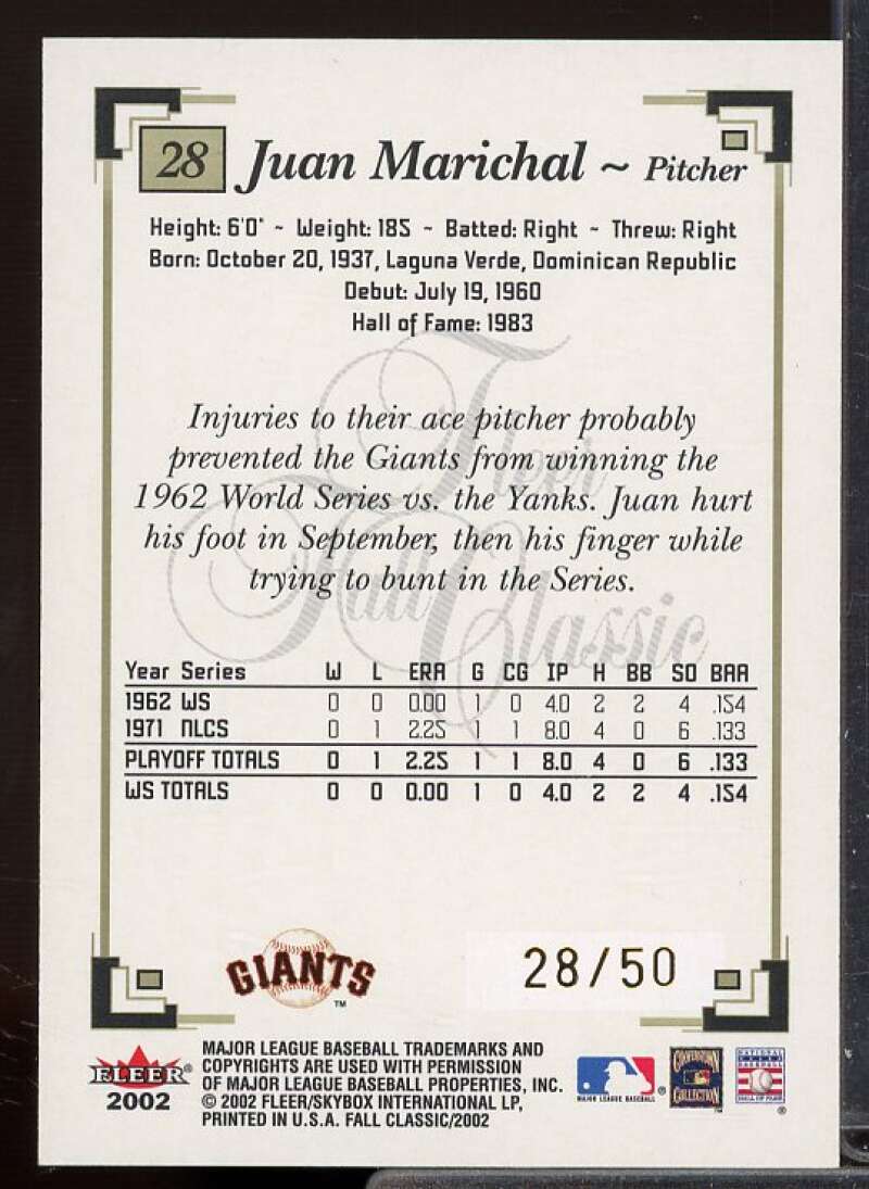 Juan Marichal Card 2002 Fleer Fall Classics Championship Gold #28  Image 2