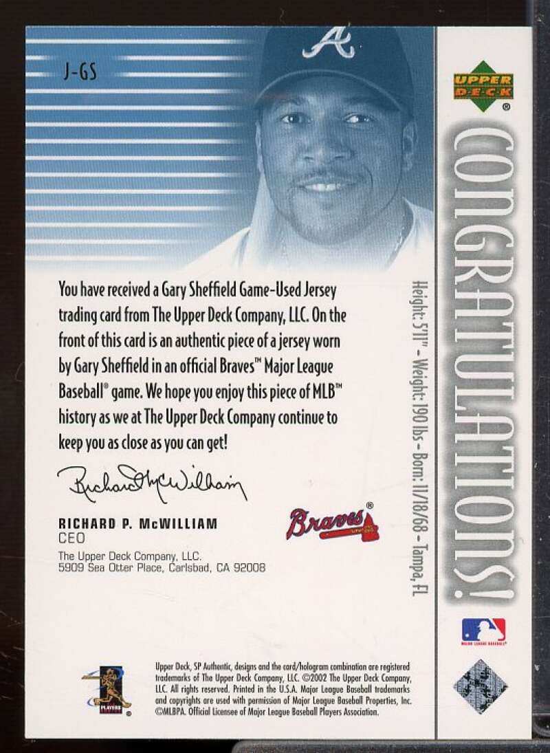 Gary Sheffield Card 2002 SP Authentic Game Jersey #JGS  Image 2