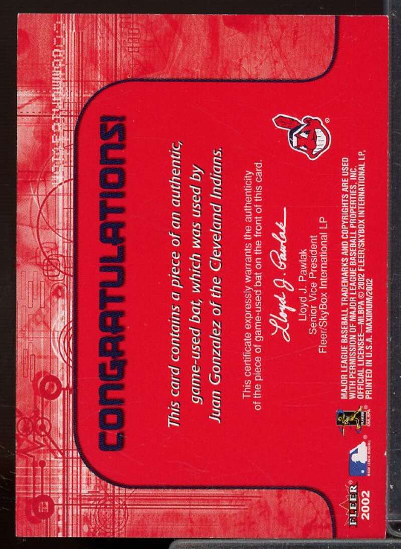 Juan Gonzalez Card 2002 Fleer Maximum Power Bat #8  Image 2