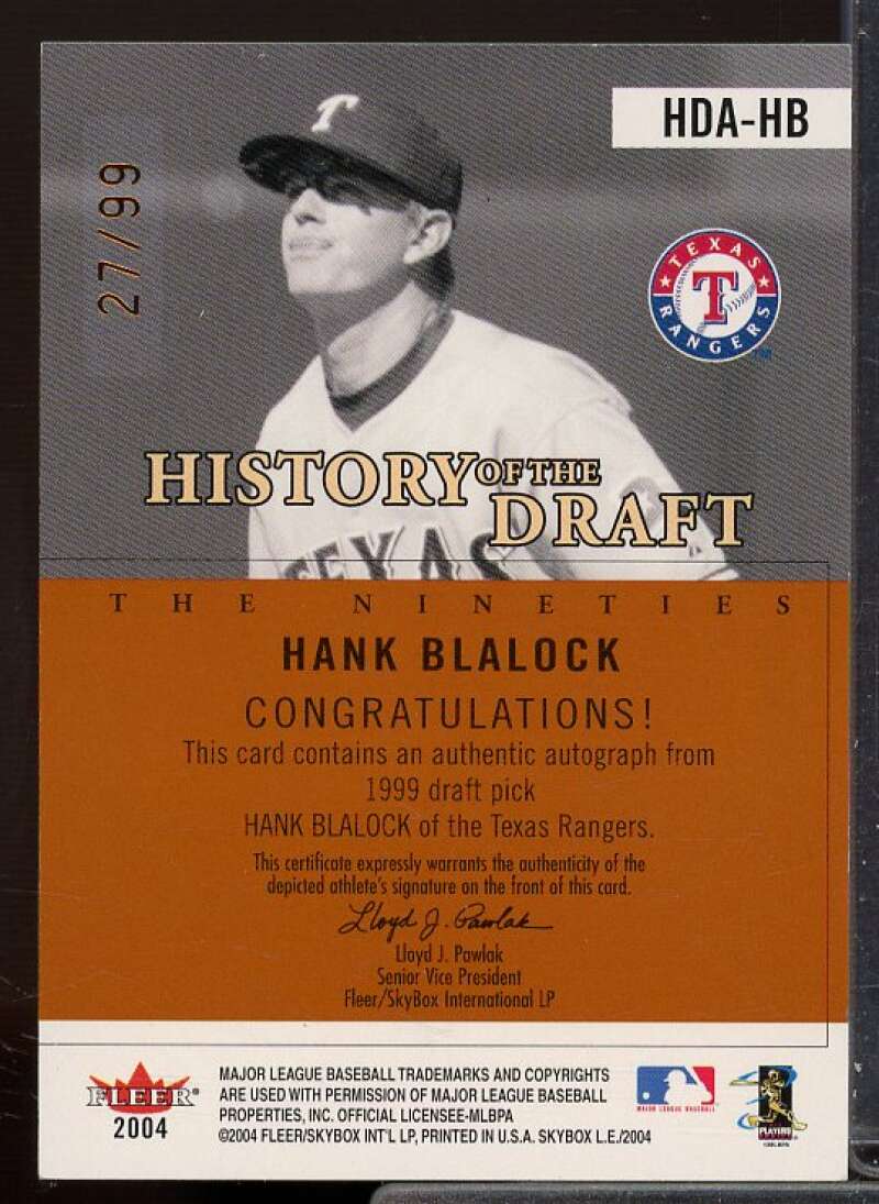 Hank Blalock Card 2004 SkyBox LE History Draft 90's Autograph Copper #HB  Image 2