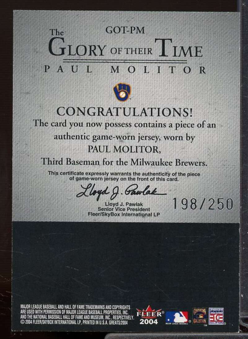 Paul Molitor Jsy Card 2004 Greats of the Game Glory of Their Time Game Used #PM  Image 2
