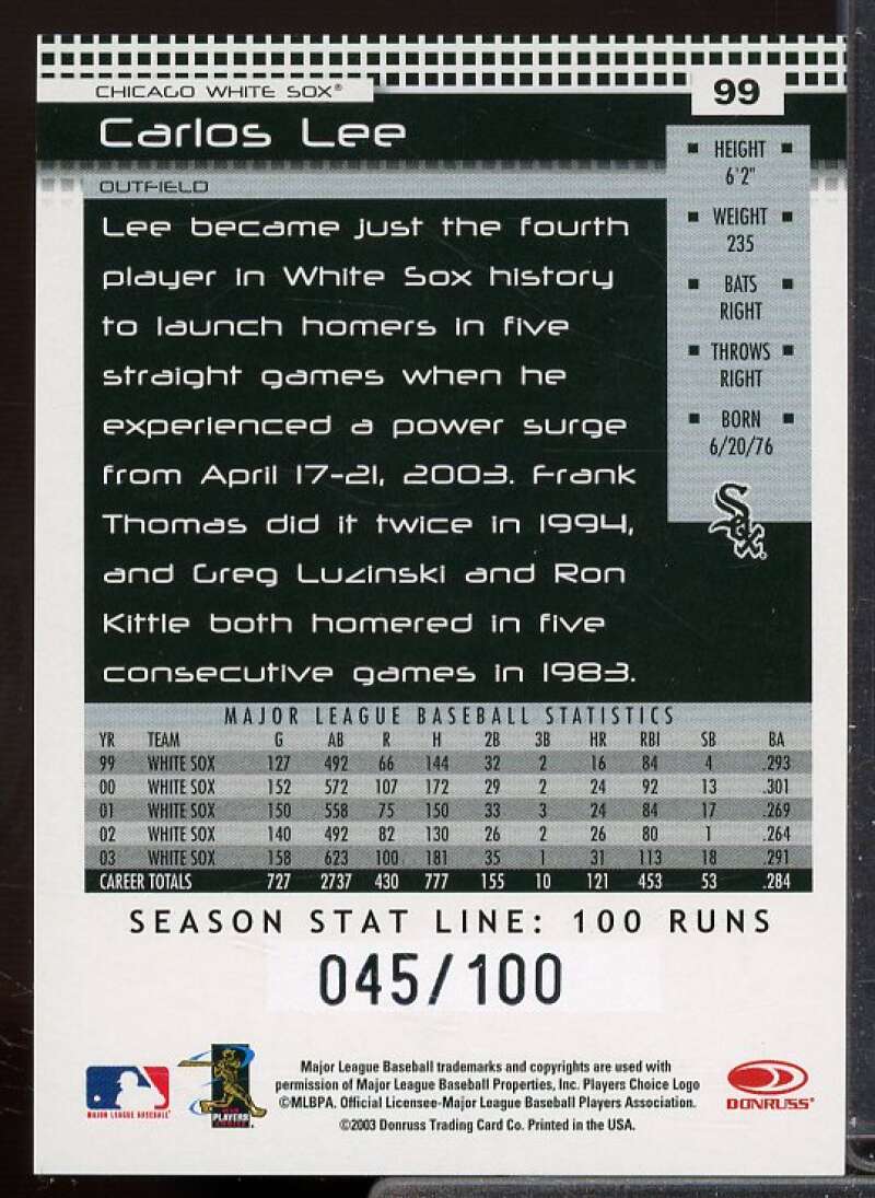 Carlos Lee Card 2004 Donruss Stat Line Season #99  Image 2