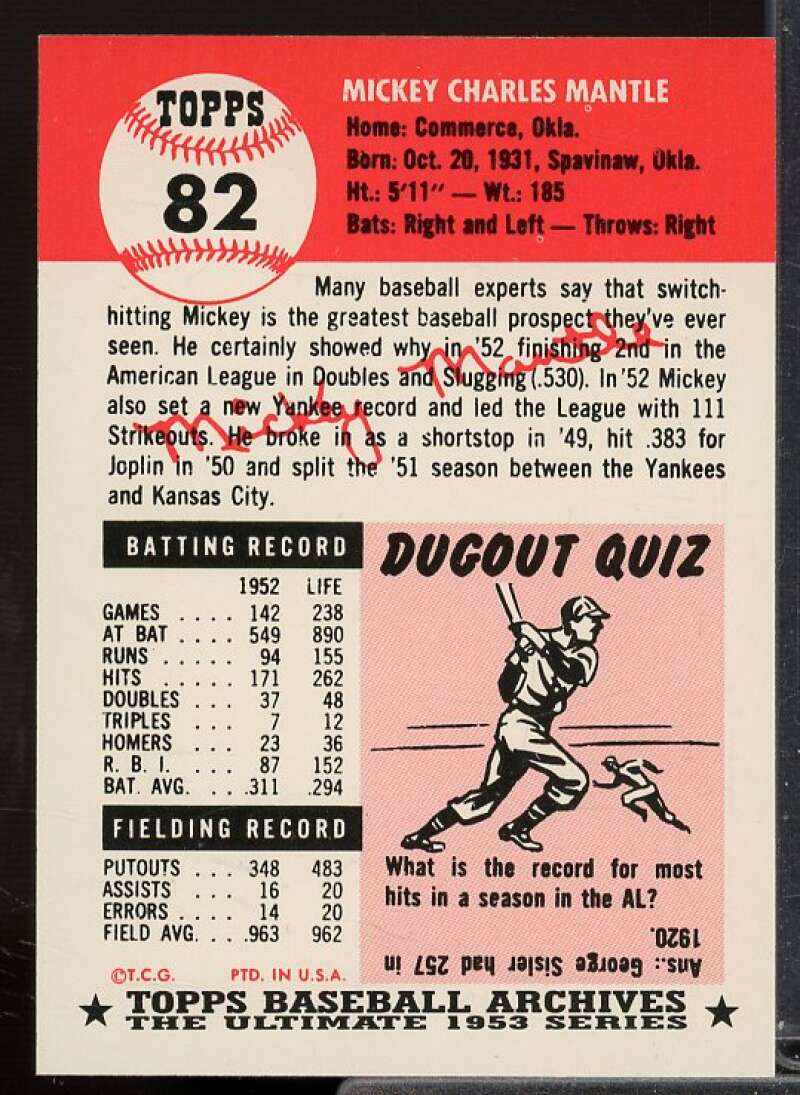 Mickey Mantle Card 1991 Topps Archives '53 #82  Image 2