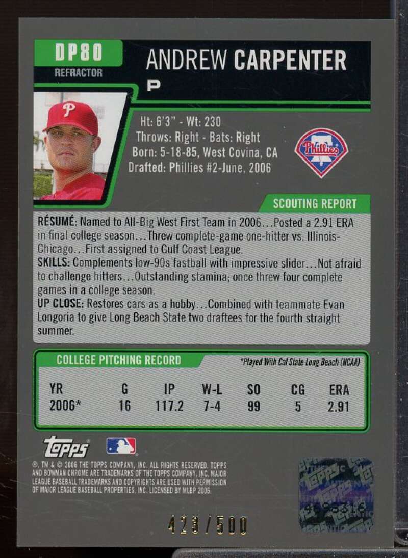Andrew Carpenter AU Rookie 2006 Bowman Chrome Draft Draft Picks Refractors #80  Image 2
