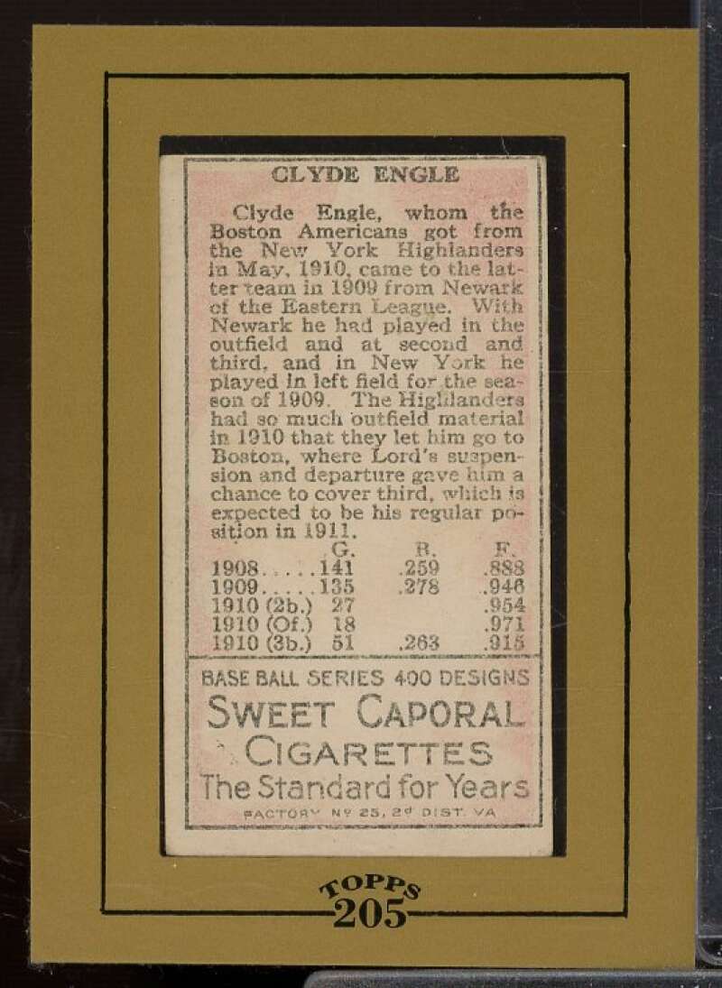 Clyde Engle Card 1911 T205 Gold Border #60  Image 2