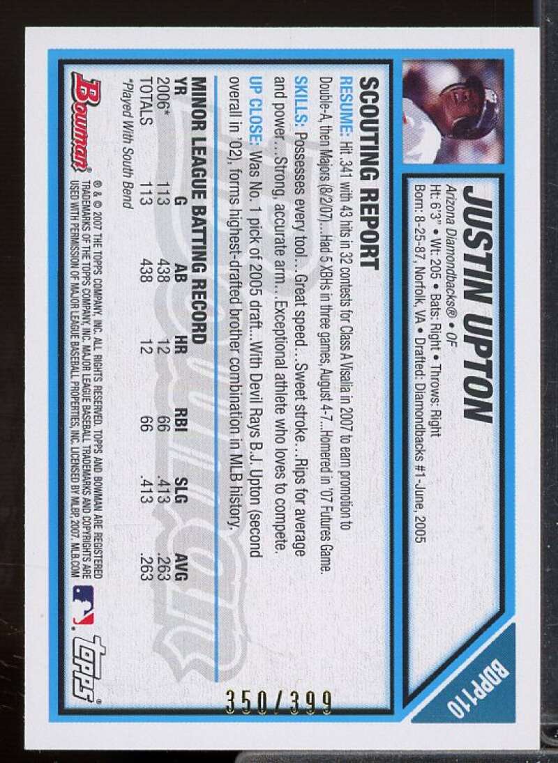 Justin Upton Rookie 2007 Bowman Draft Future's Game Prospects Blue #BDPP110  Image 2