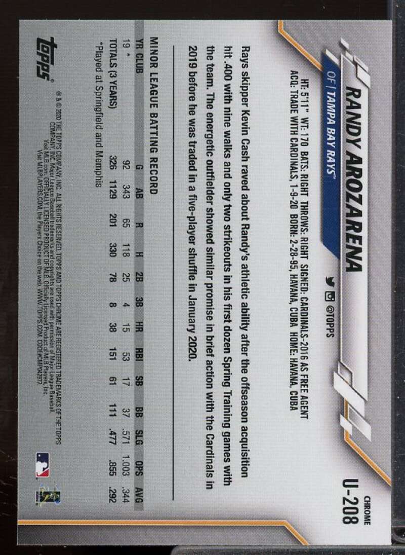 Randy Arozarena Rookie Card 2020 Topps Chrome Update Sapphire #U208  Image 2