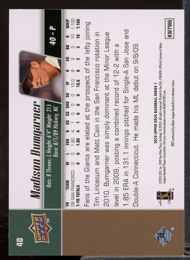 Madison Bumgarner Rookie Card 2010 Upper Deck #40  Image 2