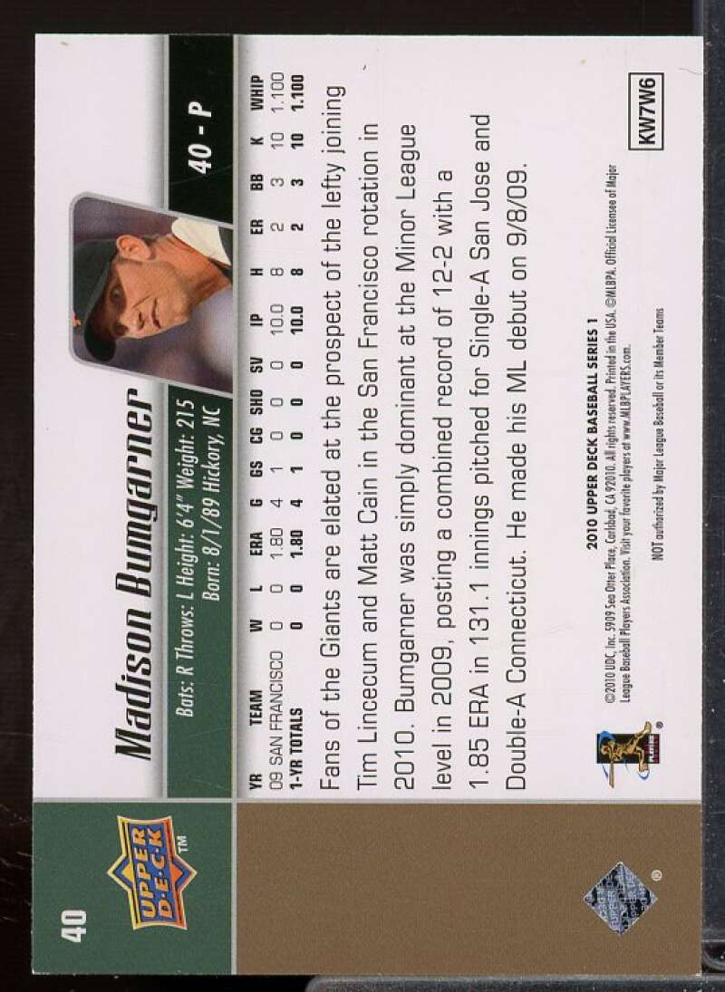 Madison Bumgarner Rookie Card 2010 Upper Deck #40  Image 2