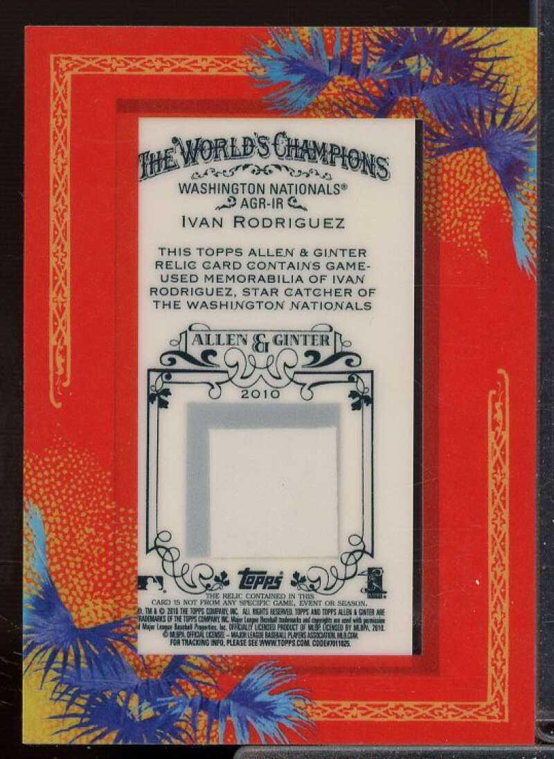 Ivan Rodriguez Card 2010 Topps Allen and Ginter Relics #IR  Image 2