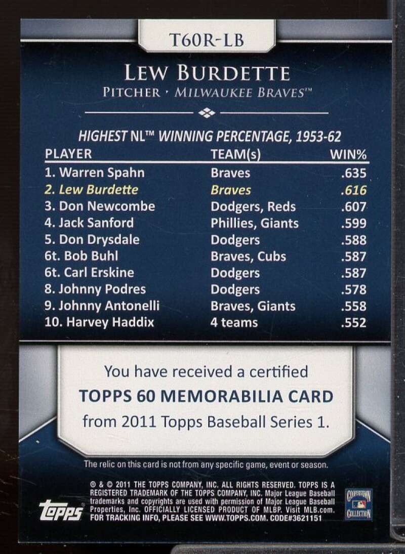 Lew Burdette Card 2011 Topps 60 Relics #LB  Image 2