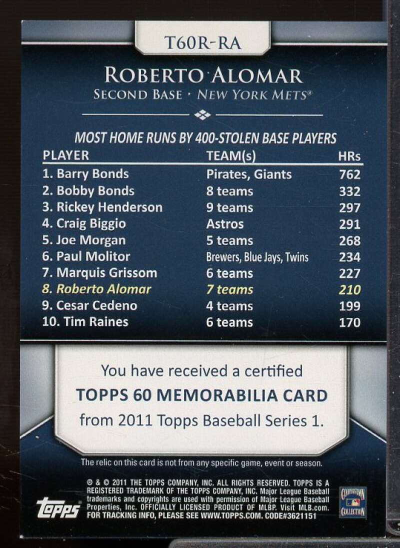 Roberto Alomar Card 2011 Topps 60 Relics #RA  Image 2