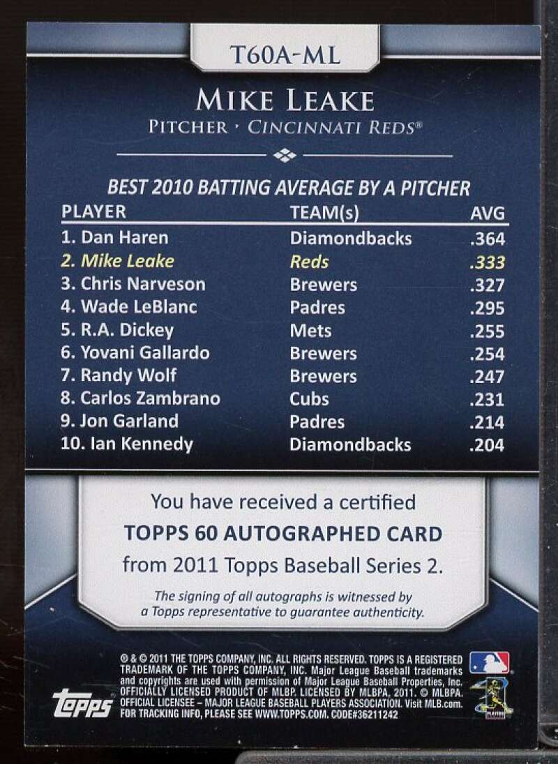 Mike Leake S2 Card 2011 Topps 60 Autographs #ML  Image 2