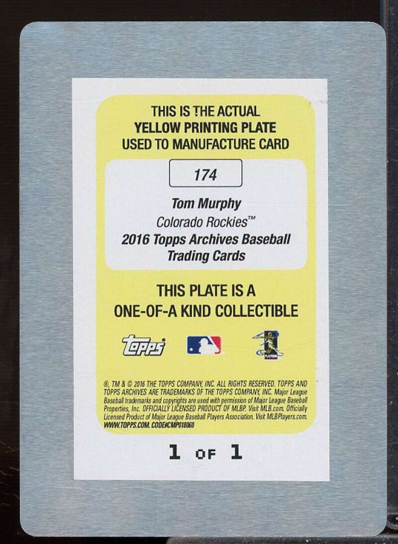 Tom Murphy Card 2016 Topps Archives Printing Plates Yellow #174  Image 2