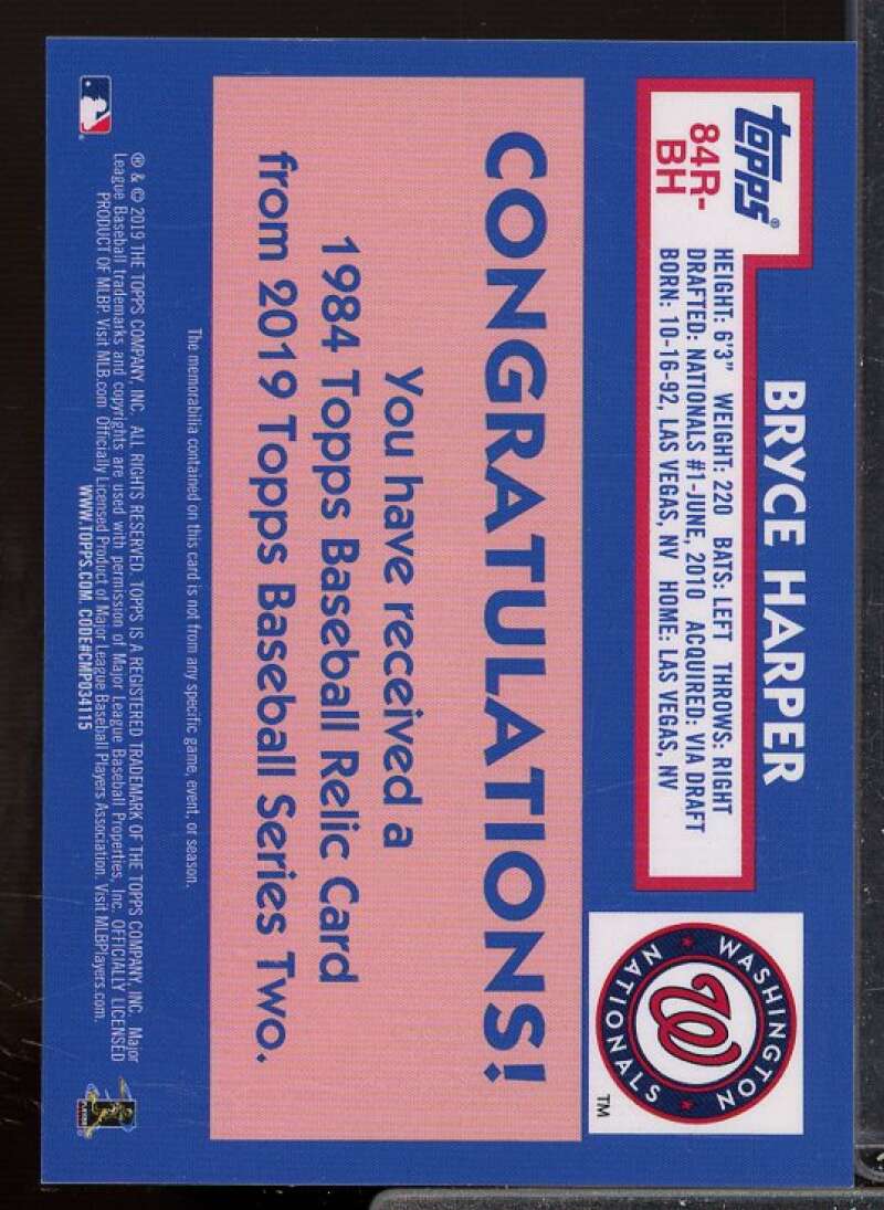 Bryce Harper S2 Card 2019 Topps '84 Topps Relics #84RBH  Image 2