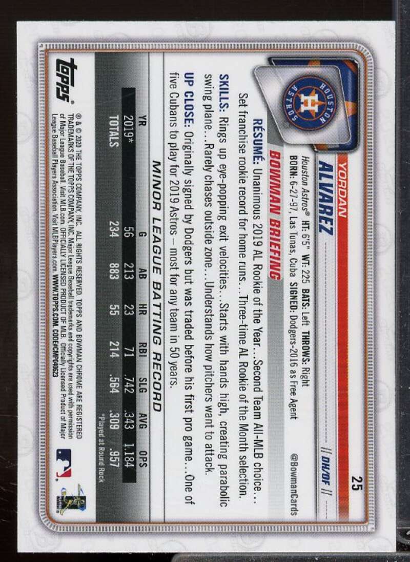 Yordan Alvarez Rookie Card 2020 Bowman Chrome #25  Image 2