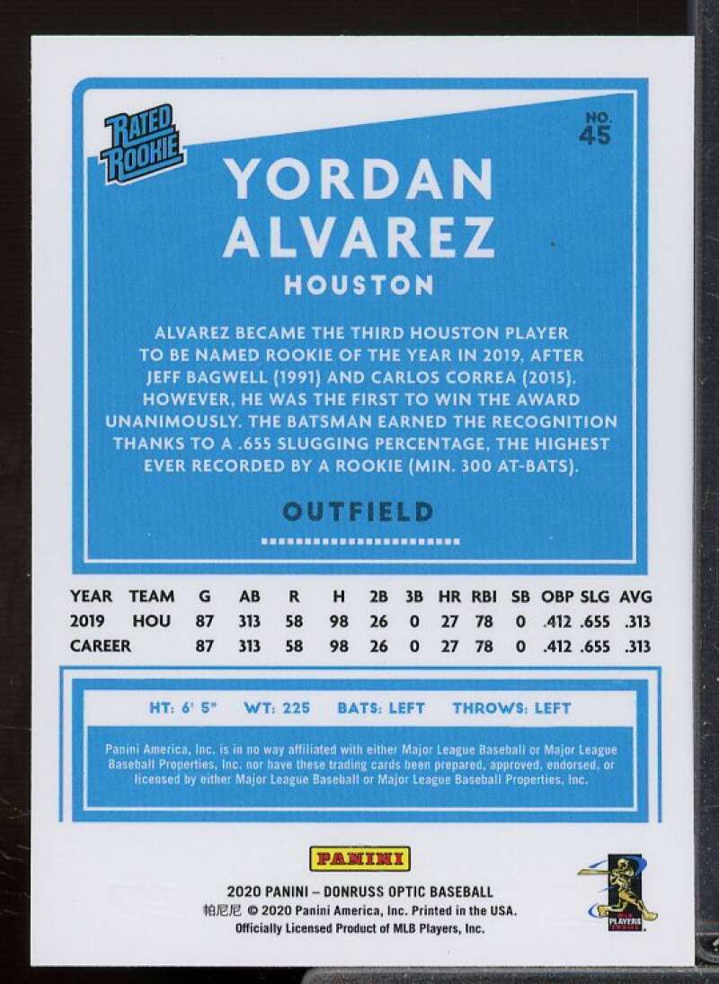 Yordan Alvarez RR Rookie Card 2020 Donruss Optic #45  Image 2