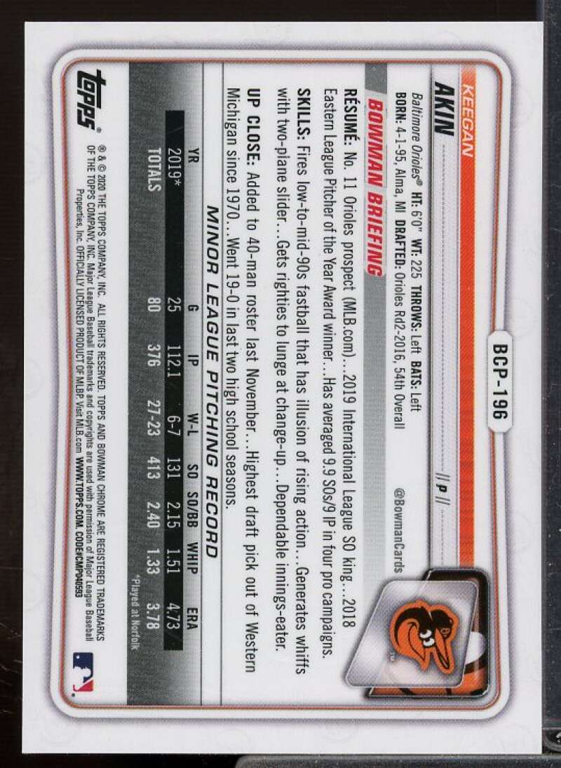 Keegan Akin Rookie 2020 Bowman Chrome Prospects Gold Shimmer Refractors #BCP196  Image 2