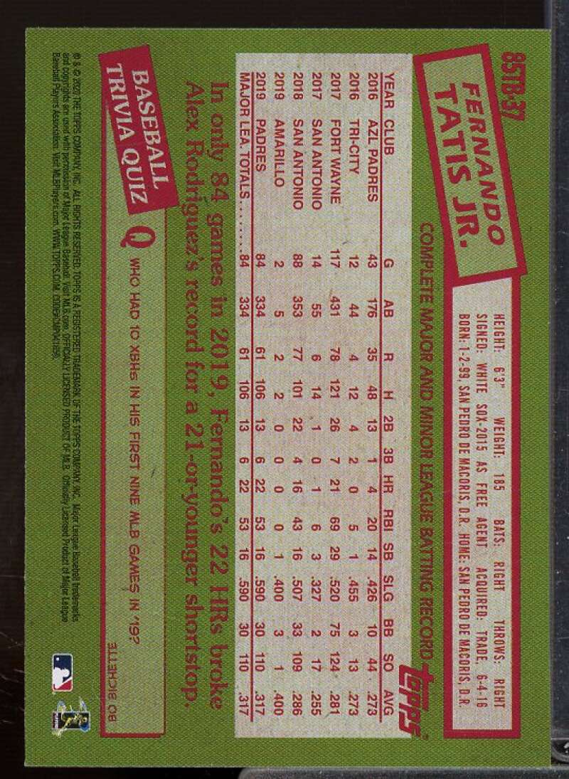 Fernando Tatis Jr. Card 2020 Topps Update '85 Topps #85TB37  Image 2
