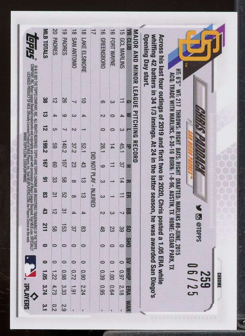 Chris Paddack Rookie Card 2021 Topps Chrome Sapphire Orange Refractors #259  Image 2