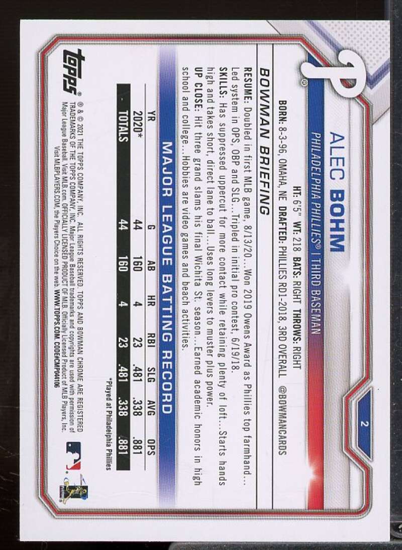 Alec Bohm Rookie Card 2021 Bowman Green #2  Image 2