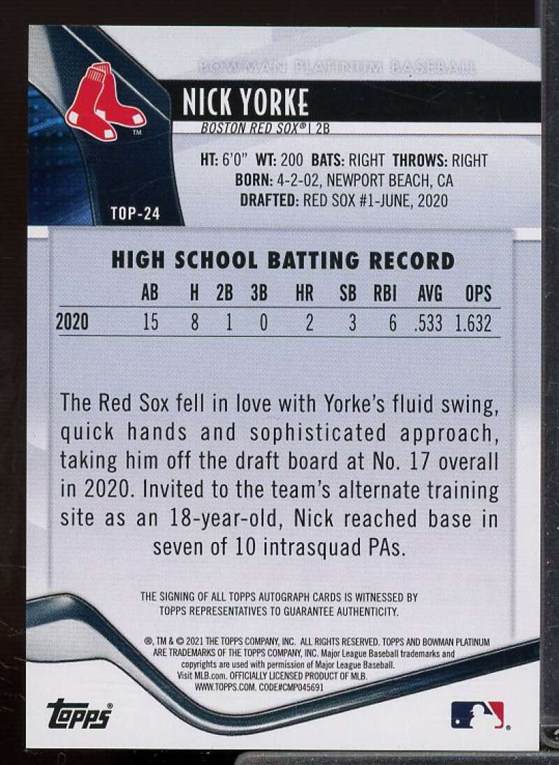 Nick Yorke Rookie Card 2021 Bowman Platinum Top Prospect Autographs #TOP24  Image 2