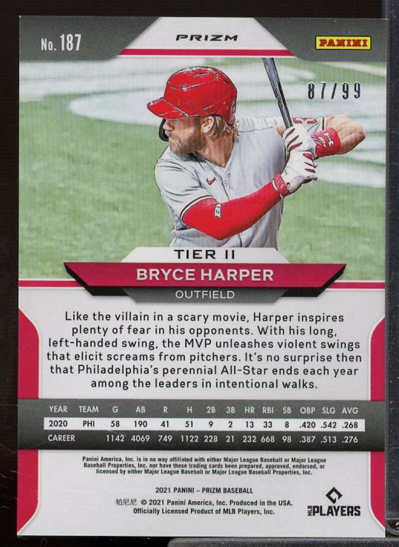 Bryce Harper Card 2021 Panini Prizm Prizms Red Wave #187  Image 2