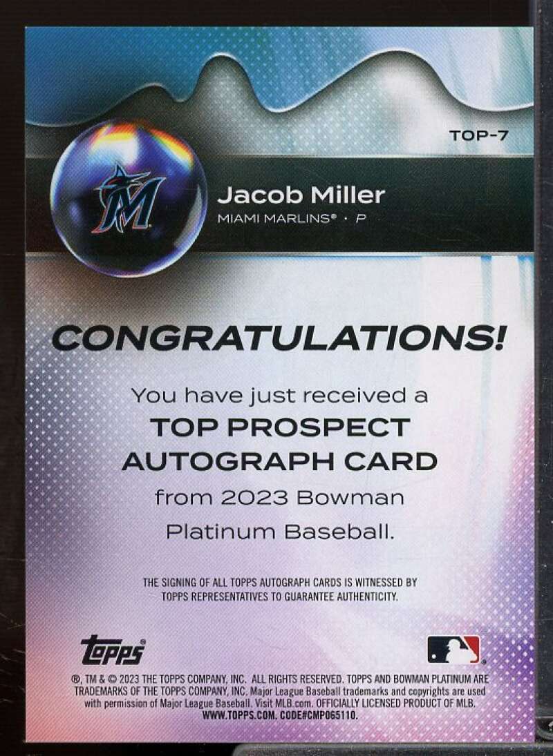 Jacob Miller Rookie Card 2023 Bowman Platinum Top Prospects Autographs #TOP7  Image 2