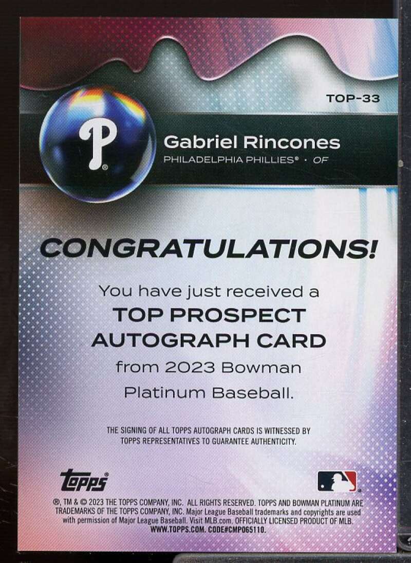 Gabriel Rincones Rookie 2023 Bowman Platinum Top Prospects Autographs #TOP33  Image 2