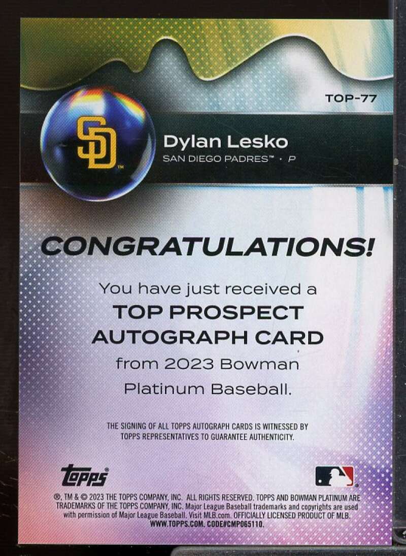 Dylan Lesko Rookie Card 2023 Bowman Platinum Top Prospects Autographs #TOP77  Image 2