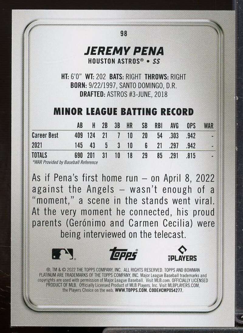 Jeremy Pena Rookie Card 2022 Bowman Platinum Blue #98  Image 2