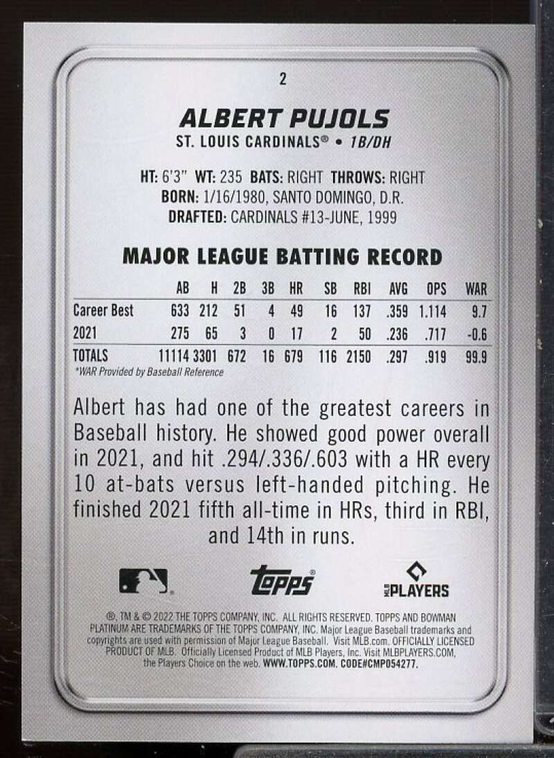 Albert Pujols Card 2022 Bowman Platinum Emerald Ice Foilboard #2  Image 2