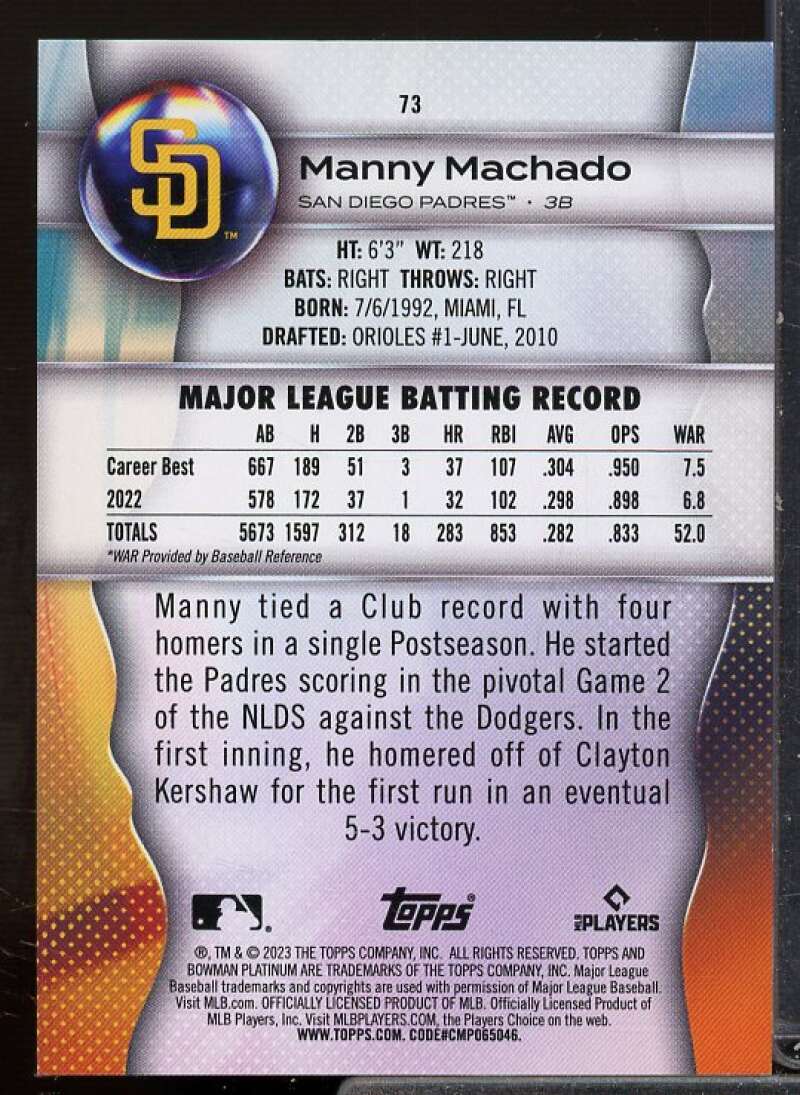 Manny Machado Card 2023 Bowman Platinum Green Ice Foil #73  Image 2
