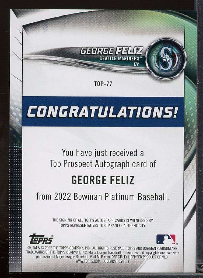 George Feliz Rookie Card 2022 Bowman Platinum Top Prospects Autographs #TOP77  Image 2