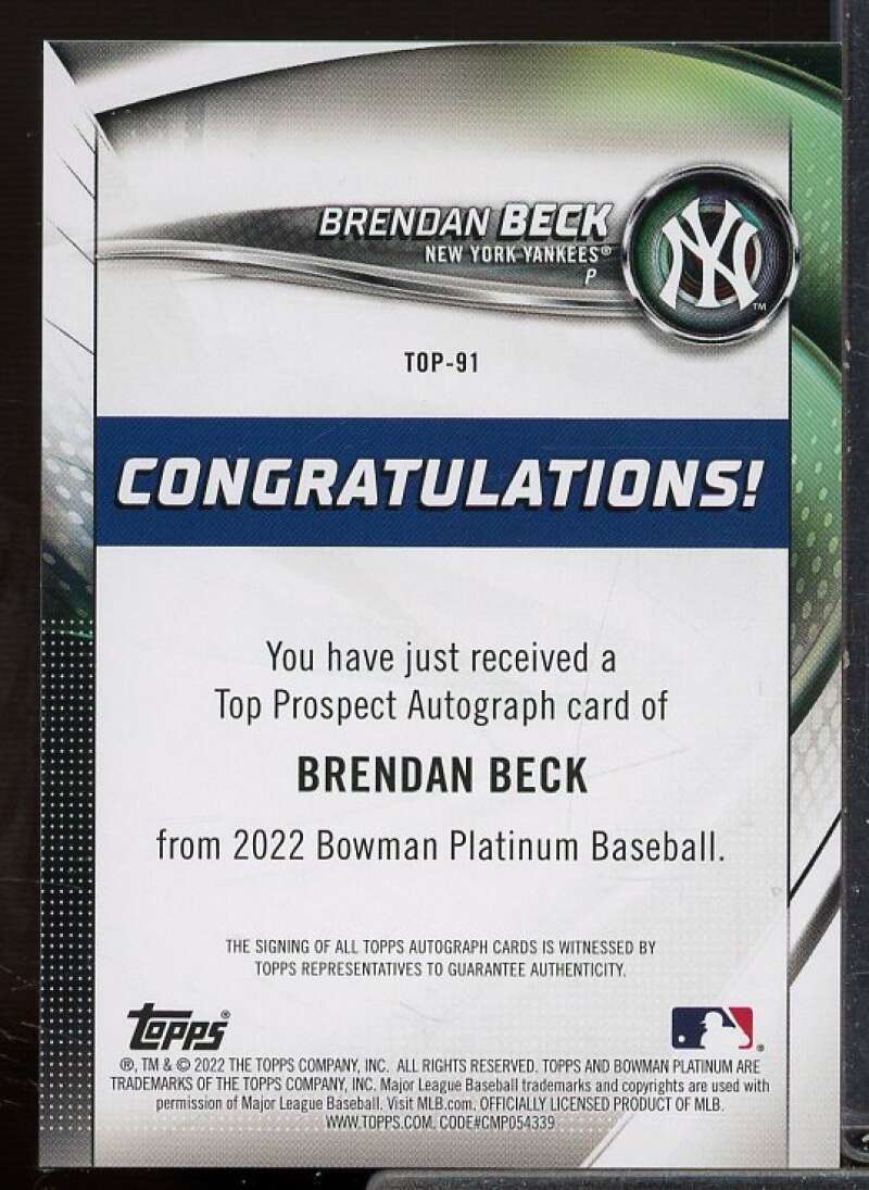 Brendan Beck Rookie Card 2022 Bowman Platinum Top Prospects Autographs #TOP91  Image 2