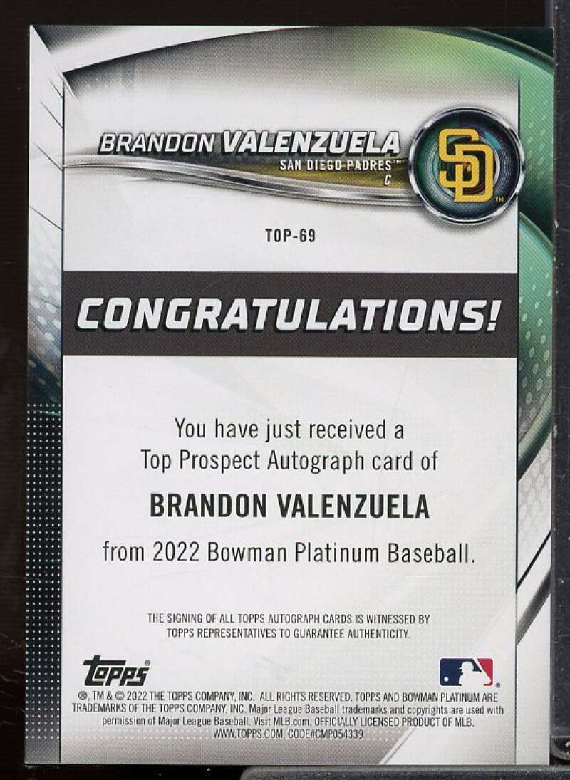 Brandon Valenzuela Rookie 2022 Bowman Platinum Top Prospects Autographs #TOP69  Image 2