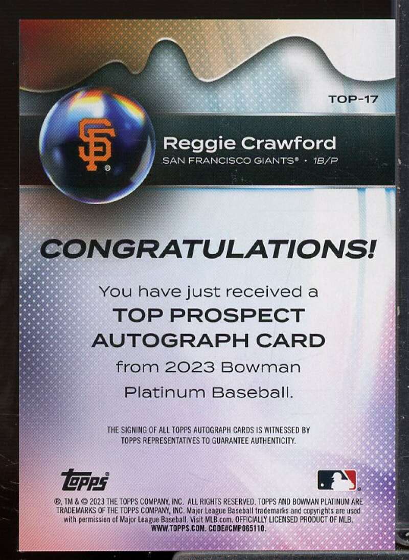 Reggie Crawford Rookie 2023 Bowman Platinum Top Prospects Autographs #TOP17  Image 2