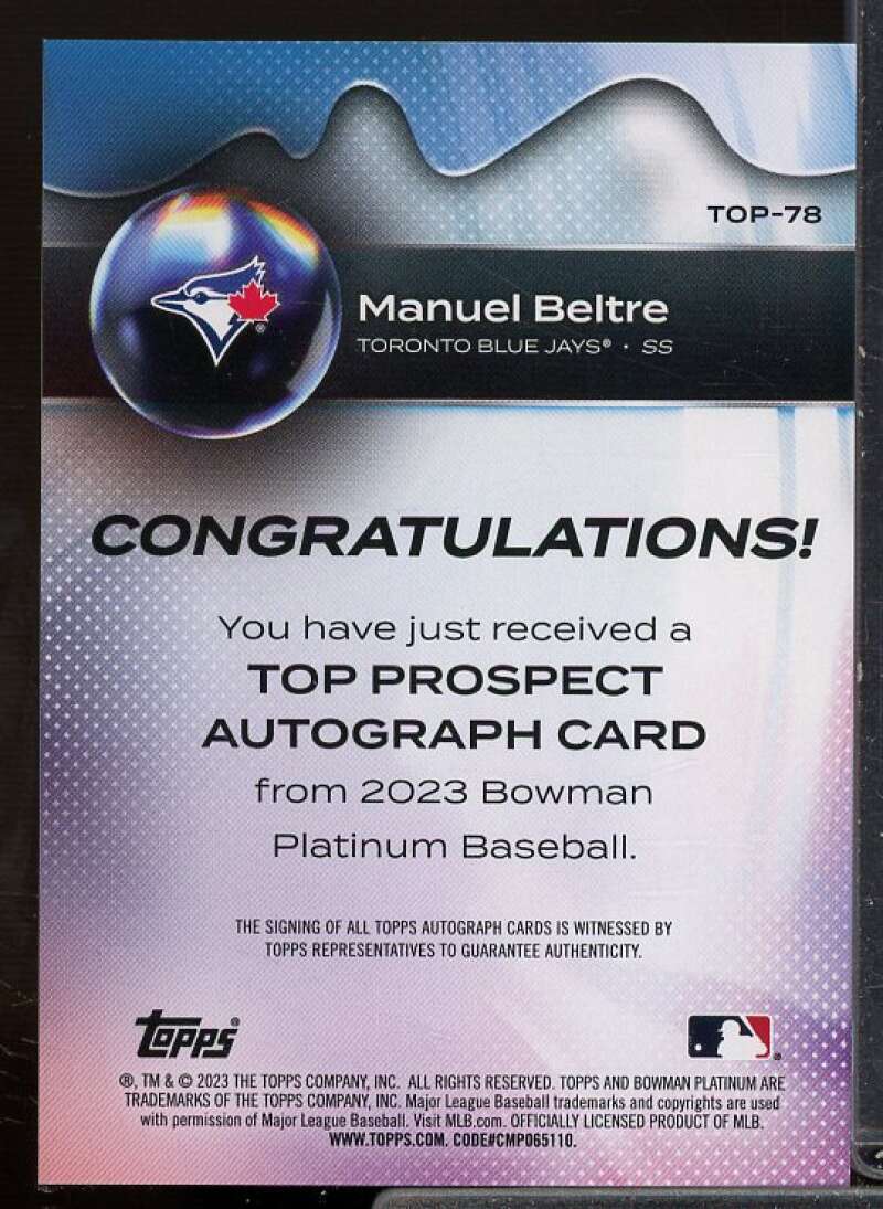 Manuel Beltre Rookie Card 2023 Bowman Platinum Top Prospects Autographs #TOP78  Image 2