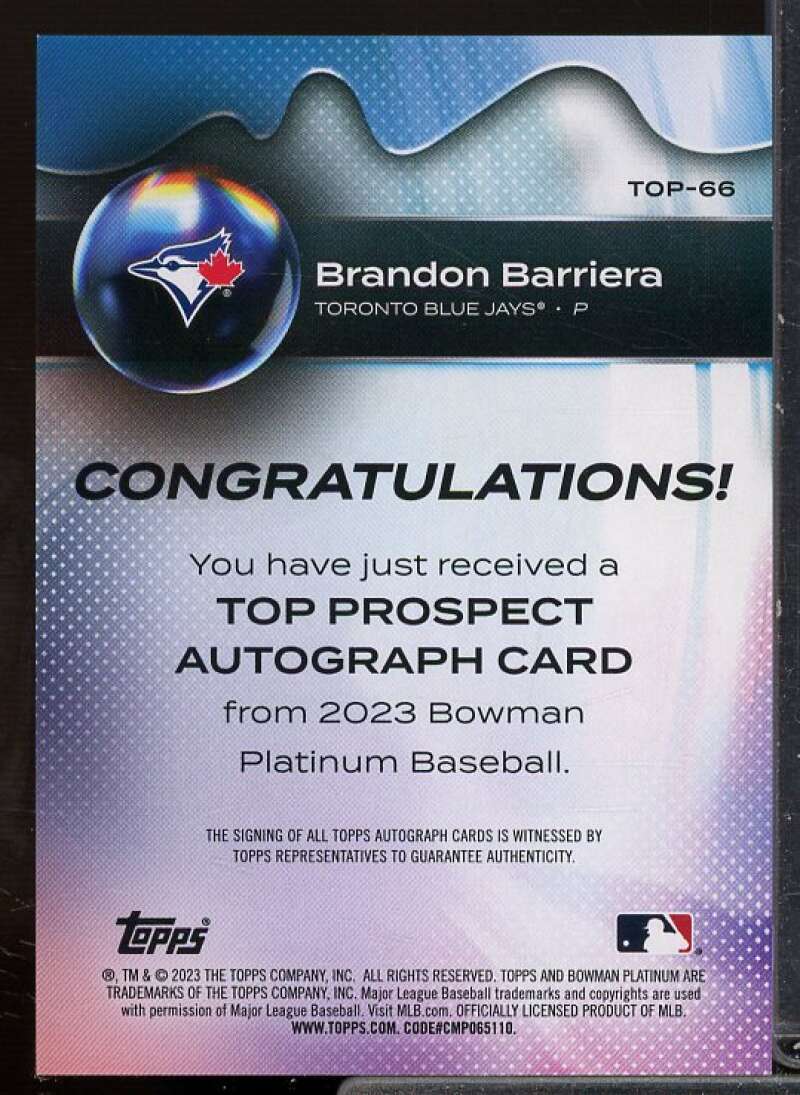 Brandon Barriera Rookie 2023 Bowman Platinum Top Prospects Autographs #TOP66  Image 2