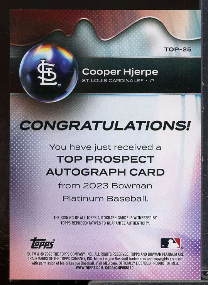 Cooper Hjerpe Rookie Card 2023 Bowman Platinum Top Prospects Autographs #TOP25  Image 2